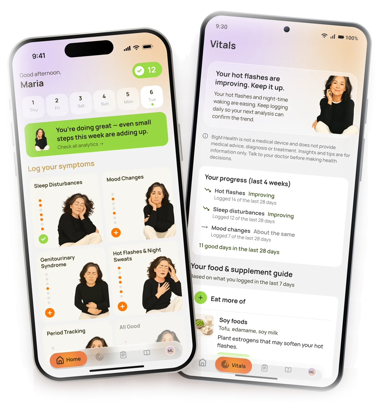 BigM home screen on an iPhone and Vitals insights on an Android phone